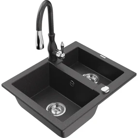 Mexen Carlos, 1,5-komorový granitový drez 582x475x177 mm a drezová batéria Savita, čierna škvrtnitá, 6518-76-672601-76