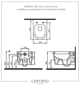 Cerano Puerto, WC misa Rimless 500x350x290 mm + WC doska so spomaľovacím mechanizmom Sedile, biela lesklá, CER-CER-417848