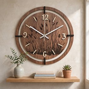 Drevené nástenné hodiny s motívom lúčnych tráv | LIANA: HDF - Javor 30 cm 4809-115521 HDF0705-ruky-silver