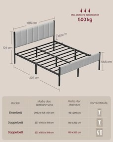 Kovová manželská posteľ 160 cm RMB975G01 sivá