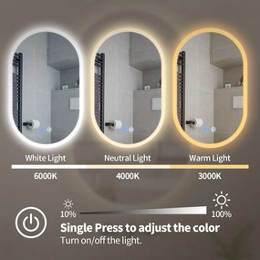 Erga Demi, oválne LED zrkadlo 60x90cm, 3 farby svetla, predné osvetlenie, vyhrievacia podložka proti zapareniu, ERG-V01-Demi-6090-CL