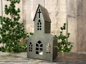 Mosadzný antik kovový domček kostol na sviečku Canie - 18*12*35 cm