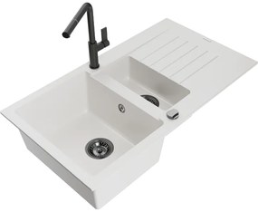 Mexen Matias, 1,5-komorový granitový drez 900x505x200 mm a drezová batéria Flora, biela, 6502-20-670401-70-B