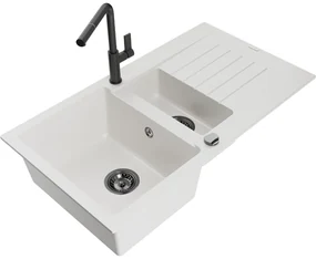 Mexen Matias, 1,5-komorový granitový drez 900x505x200 mm a drezová batéria Flora, biela, 6502-20-670401-70-B