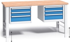 Výškovo nastaviteľný pracovný stôl do dielne G3 s 2 závesnými boxami na náradie, buková škárovka, 6 zásuviek, 1700 x 685 x 840 - 1050 mm, modrá