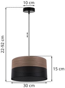 Závesné svietidlo Wood, 1x hnedá orechová dýha/čierne PVC tienidlo, (fi 30cm)