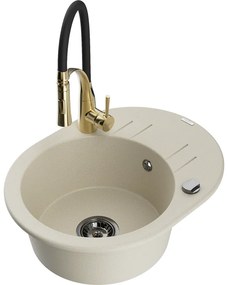Mexen Kevin, 1-komorový granitový drez 586x458x190 mm a drezová batéria Aster, béžová, 6517-69-73450-57-B