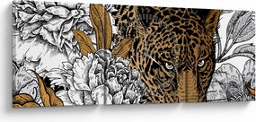 Obraz - Leopard medzi kvetmi (s hodinami) (90x30 cm)