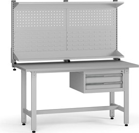 Výškovo nastaviteľný dielenský stôl G5 s nadstavbou, 1500 x 750 x 800-1000 mm, 1x kontajner, 2 zásuvky, sivá