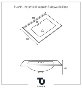 Tuana Fano, keramické zápustné umývadlo 60x50 cm, biela lesklá, CER-TU-475853