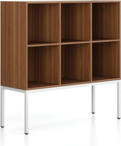 Regál FRAME, nízky, s bielou podnožou, 1299 x 450 x 1331 mm, orech