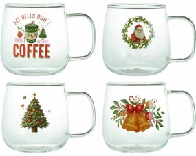 Súprava 4 vianočných sklenených hrnčekov s potlačou 400 ml