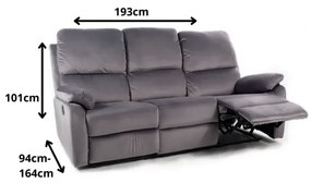 Polohovací třímístná pohovka Spencer Velvet 193 cm šedá