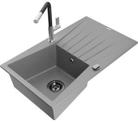 Mexen Cesar, 1-komorový granitový drez 775x470x190 mm a drezová batéria Flora, šedá, 6514-71-670401-07-B