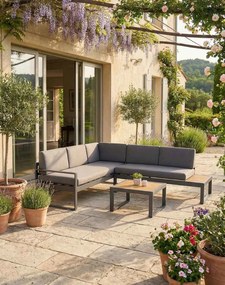 Záhradná rohová sedacia súprava Loreto Grey pre 5 osôb so stolíkom – hliník, sivá