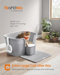 Extra veľká mačacia toaleta s vysokými bočnicami a mriežkou, sivá