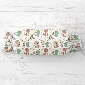 Biante Detský vankúš valec bonbon Sandra SA-657 Zeleno-hnedé dinosaury na bielom 15x40 cm
