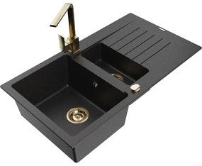 Mexen Matias, granitový drez 900x505x200 mm, 1,5-komorový a zlatá batéria Rita, čierna-strieborná metalíza, 6502-73-670300-50