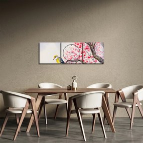 Obraz - Vtáčik na strome s červenými kvetmi (s hodinami) (90x30 cm)