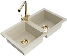 Mexen Mario, 2-komorový granitový drez 820x436x161 mm a zlatá lesklá drezová batéria Duero, béžová, 6504-69-671600-50