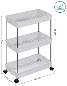 Kuchynský vozík s 3 priehradkami, biely, 60x40x22cm