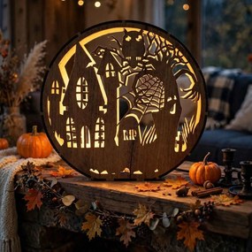 Drevená lampa Halloween - Strašidelný dom s sovou | DRACO: HDF - Orech 20 cm 4796-115339 LED0619