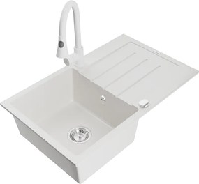Mexen Bruno, 1-komorový granitový drez 795x495x200 mm a drezová batéria Elia, biela, 6513-20-670101-20