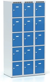 Šatníková skrinka S6 s úložnými boxami, 15 boxov, 1800 x 900 x 500 mm, otočný zámok, modré dvere