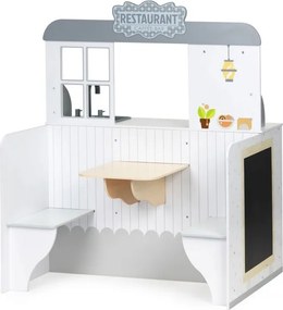 Drevená kuchynka pre deti so stolikom a stoličkami v štýle reštaurácie