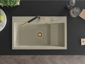 Mexen Omar granitový kuchynský drez 1-komorový 800 x 480 mm, béžový, sifón zlatý - 6520801005-69-G