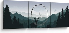 Obraz - Jeleň s vlkom v skalách (s hodinami) (90x30 cm)