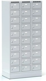 Šatníková skrinka S6 na sokli s úložnými boxami, 30 boxov, 1920 x 900 x 500 mm, otočný zámok, sivé dvere