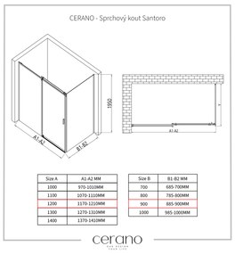 Cerano Lantono, sprchovací kút s posuvnými dverami 120(dvere) x 90(stena) x 195 cm, 8mm číre sklo, čierny profil, CER-CER-431500