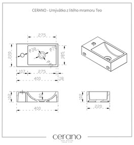 CERANO - Umývadlo z liateho mramoru Teo, závesné ľavé - biela matná - 40x22 cm, CER-CER-482698