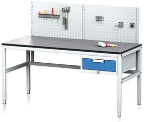 Alfa 3 Nastaviteľný dielenský stôl MECHANIC II, s perfopanelom, 1 zásuvkový box na náradie, 1600x700x745-985 mm, sivá/modrá