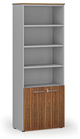 Kombinovaná kancelárska skriňa PRIMO GRAY, dvere na 2 poschodia, 2128 x 800 x 420 mm, sivá/orech