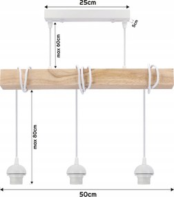 BERGE LED závesné stropné svietidlo, drevený trám, 3xE27, drôtená guľa - biela