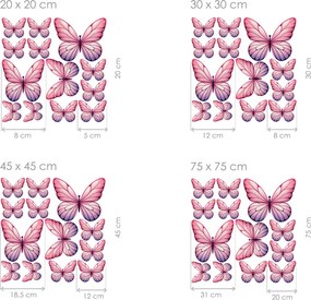 Motýle svetlo ružové 13 ks textilní prelepiteľné nálepky na stenu list 30 x 30 cm
