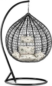 Čierne závesné kreslo KOKON so stojanom, béžový vankúš