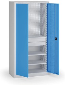 Policová dielenská skriňa 2-dverová, 3 police + 2 zásuvky, 1950 × 950 × 500 mm, modré dvere