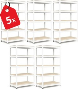 Akcia 5x Regál 183x90x40 cm lakovaný 5-policový, nosnosť 100 kg, RIVET - biely