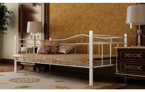 Denná posteľ s matracom, biela, kov 90x200 cm