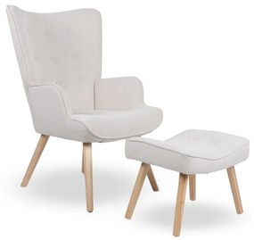 Kreslo ušiak CORDU + taburet — masív, manšestr, prírodná / krémová