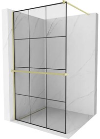 Mexen Kioto+, sprchová zástena Walk-In s poličkou a vešiakom 100 x 200 cm, 8mm číre sklo čierny vzor, zlatý matný profil, 800-100-121-55-77