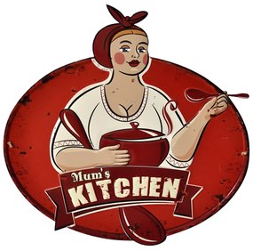 Červená nástenná kovová ceduľa Mums Kitchen - 60*1*61 cm