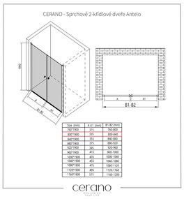 Cerano Antelo, 2-krídlové sprchové dvere do otvoru 80x190 cm, 6mm číre sklo, chrómový profil, CER-CER-432307