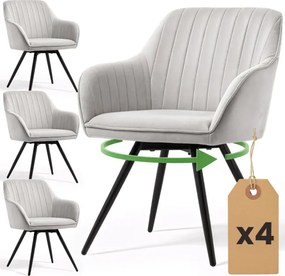 Sada štyroch otočných jedálenských stoličiek TURNO zamatové, sivé / čierne nohy (4 ks)