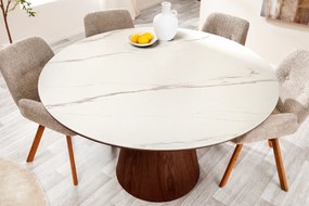 Jedálenský stôl UNIQUE 120 cm okrúhly, orechové drevo, dyhovaná keramika, doska z bieleho mramoru