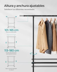 Dvojitý vešiak na oblečenie, nastaviteľná horná tyč, s kolieskami, 113-180 cm, čierny