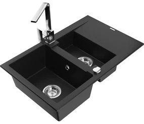 Mexen Gaspar, granitový drez 737x475x177 mm, 1,5-komorový a chrómová batéria Rita, čierna, 6507-77-670300-00